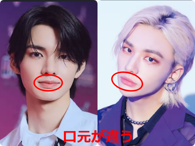 aoen輝とStray Kids・ヒョンジンとして掲載された顔写真を並べ、口元を赤い丸で囲って比較した画像。『口元が違う』と赤字で示されている。