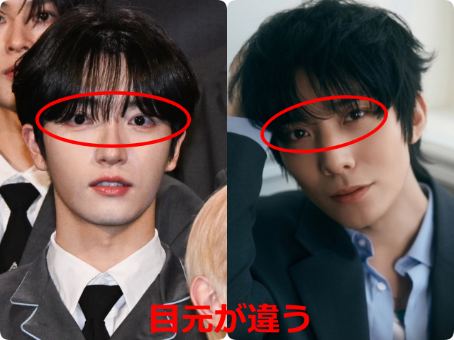 パク・シヨンとフィヨンの目元を赤枠で示した比較画像。目の形や目尻の角度の違いを比較