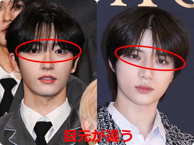 パク・シヨンとボムギュの目元を赤枠で示した比較画像。目の形やまぶたの見え方の違いを比較