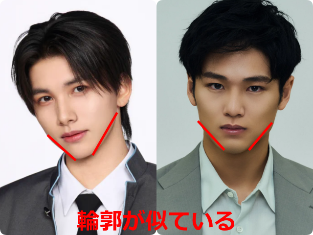 後藤結さんと中川大輔さんの顔写真を比較し、似ている輪郭を赤線で示した画像。