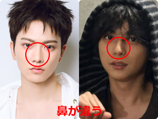 aoen礼央とtimelesz佐藤勝利の顔写真を左右に並べて比較。両者の鼻を赤い円で囲み、違いを示している。