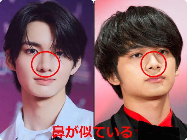aoen輝と北村匠海として掲載された顔写真を並べ、鼻を赤い丸で囲って比較した画像。『鼻が似ている』と赤字で示されている。