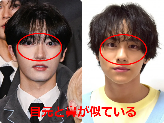 パク・シヨンと山下幸輝の顔写真を並べ、目元と鼻を赤枠で示した比較画像。目の形と鼻筋の共通点を比較