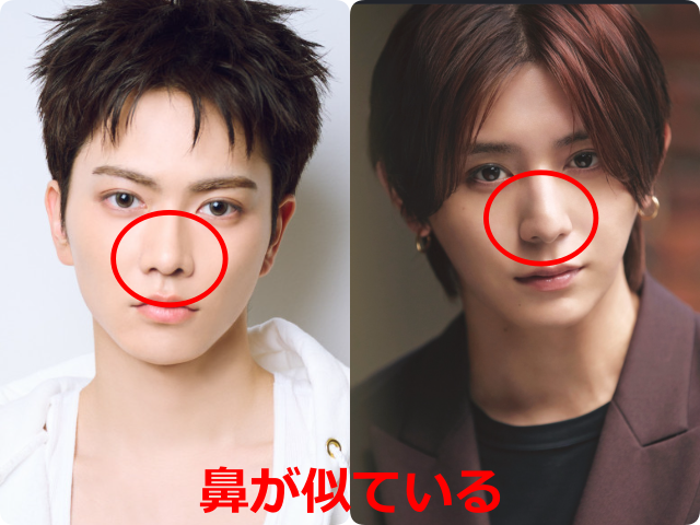 aoen礼央とHey! Say! JUMPの山田涼介の顔写真を左右に並べて比較。両者の鼻を赤い円で囲み、似ている印象を示している。