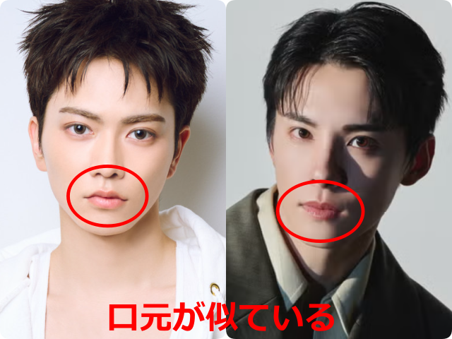aoen礼央とJO1の川西拓実の顔写真を左右に並べて比較。両者の口元を赤い円で囲み、似ている印象を示している。