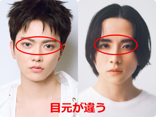 aoen礼央と板垣李光人の顔写真を左右に並べて比較。両者の目元を赤い楕円で囲み、目元の違いを示している。