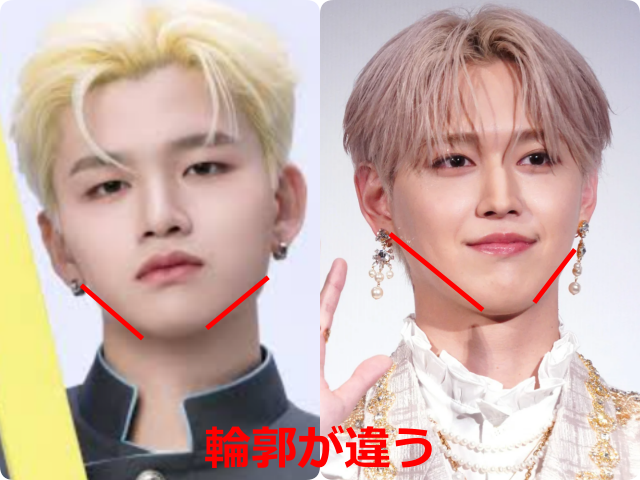 KO1KEYZのRYUJI（杉山竜司）さんとJO1の白岩瑠姫さんの顔写真を並べ、輪郭を赤線で比較した画像。「輪郭が違う」と表示されている。