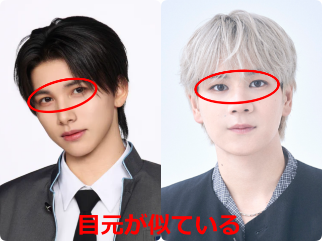 後藤結さんと豆原一成さん（JO1）の顔写真を比較し、似ている目元を赤丸で示した画像。