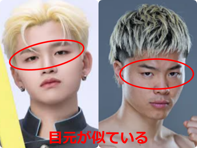 KO1KEYZのRYUJI（杉山竜司）さんと那須川天心さんの顔写真を並べ、目元を赤丸で囲んで比較した画像。「目元が似ている」と表示されている。