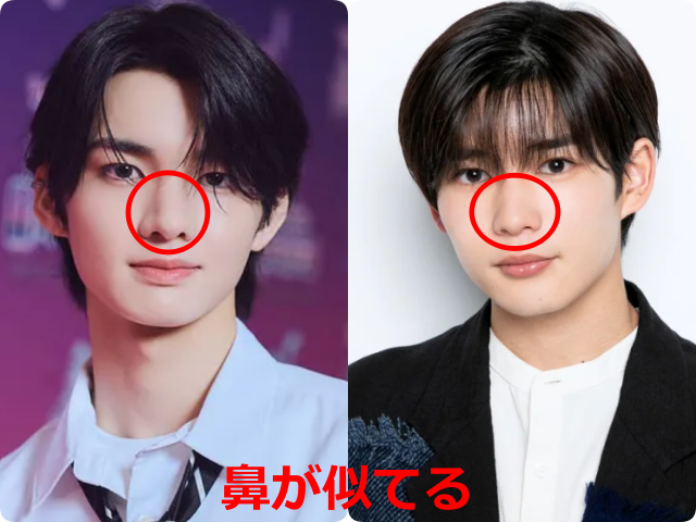 aoen輝と、なにわ男子・長尾謙杜として掲載された顔写真を左右に並べ、鼻を赤い円で囲って比較した画像。『鼻が似てる』と赤字で示されている。