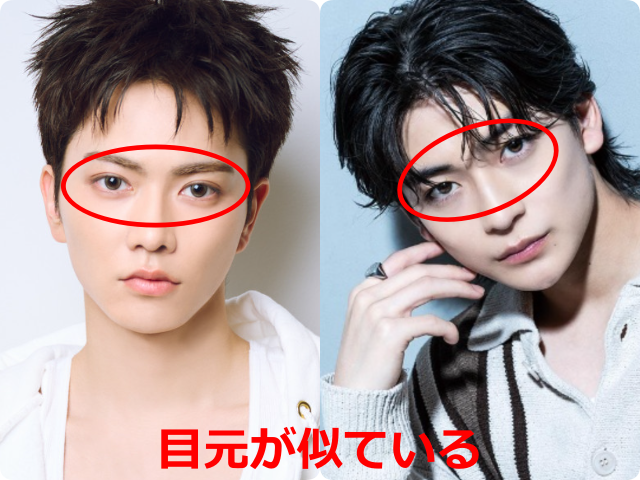 aoen礼央と高橋文哉の顔写真を左右に並べて比較。両者の目元を赤い楕円で囲み、似ている印象を示している。