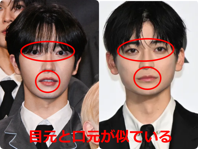 パク・シヨンと高橋文哉の顔写真を並べ、目元と口元を赤枠で示した比較画像。目元の雰囲気と口角まわりの共通点を比較