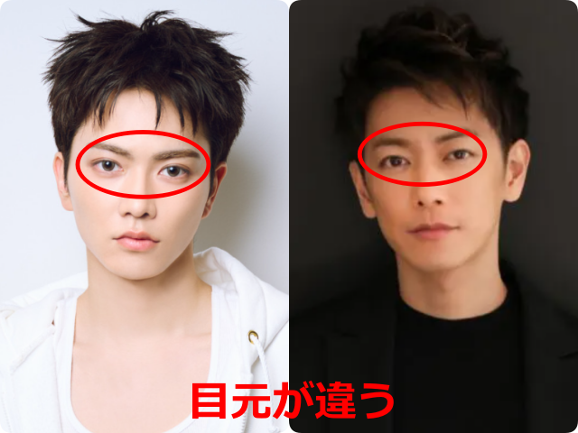 aoen礼央と佐藤健の顔を比較した画像。目元を赤い楕円で囲み、目の形や印象の違いを示している。