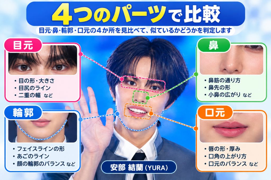 安部結蘭（YURA）の顔写真に、目元・鼻・輪郭・口元の4つの比較ポイントを色分けして示した説明画像。各パーツで確認する特徴も掲載。