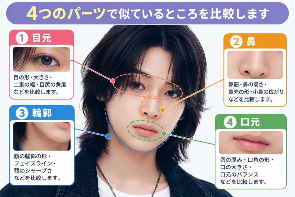 小野慶人（KEITO）の顔写真に、目元・鼻・輪郭・口元の4つの比較ポイントを色分けした枠と矢印で示した説明画像
