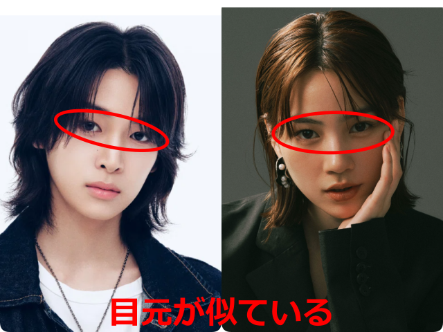 小野慶人（KEITO）とのんの顔写真を並べ、目元が似ている部分を赤い丸で示した比較画像