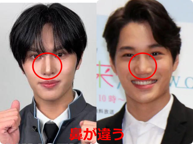 安部結蘭（YURA）とEXOカイの顔写真を並べ、鼻の違いを赤い丸で示した比較画像