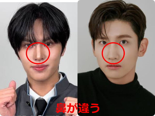 安部結蘭（YURA）と東方神起チャンミンの顔写真を並べ、鼻の違いを赤い丸で示した比較画像