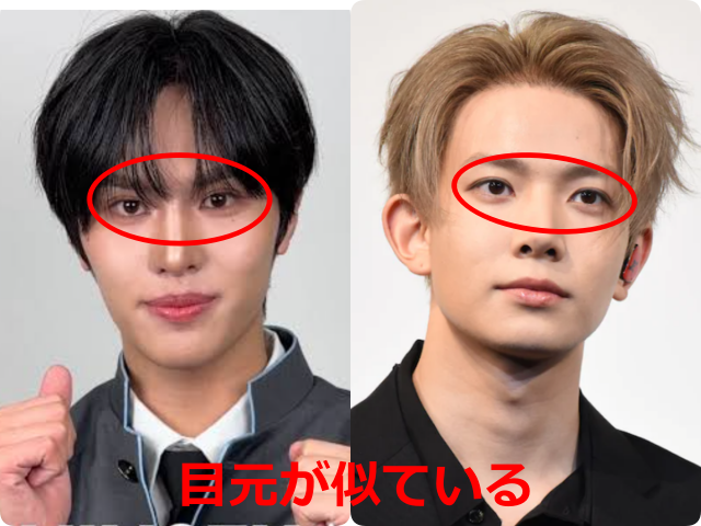 安部結蘭（YURA）とEVAN（元ENHYPENヒスン）の顔写真を並べ、目元が似ている部分を赤い丸で示した比較画像