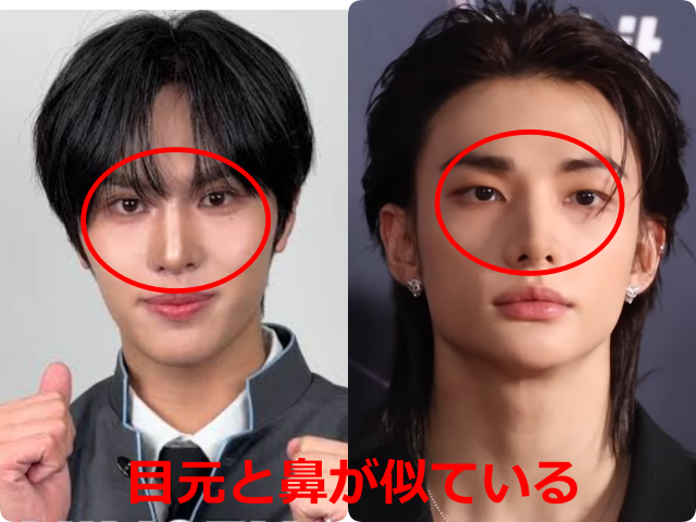 安部結蘭（YURA）とStray Kidsヒョンジンの顔写真を並べ、目元と鼻が似ている部分を赤い丸で示した比較画像