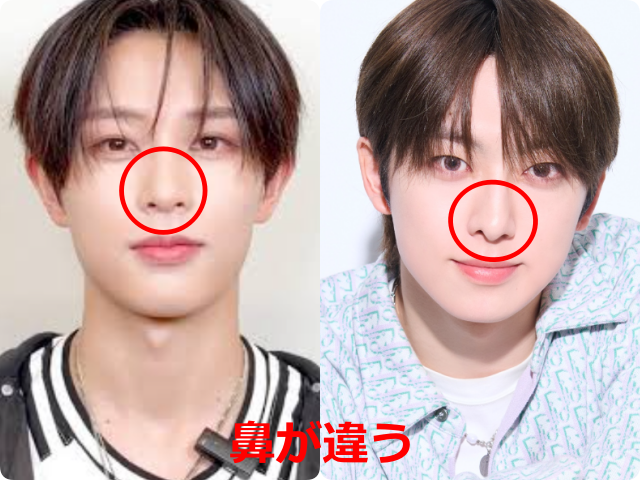 飯塚亮賀（RYOGA）さんと&TEAMのフウマさんの顔写真を並べ、鼻を赤い丸で囲んで「鼻が違う」と示した比較画像