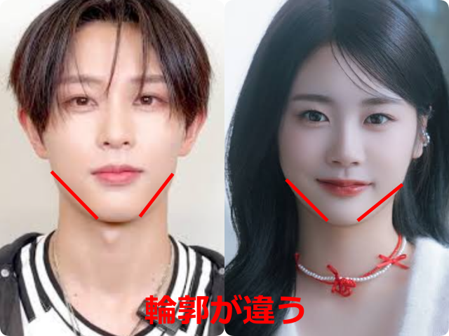 飯塚亮賀（RYOGA）さんと佐々木心菜さんの顔写真を並べ、フェイスラインを赤線で示して「輪郭が違う」と比較した画像