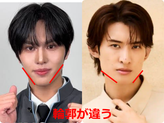 安部結蘭（YURA）とSnow Man向井康二の顔写真を並べ、輪郭の違いを赤い線で示した比較画像