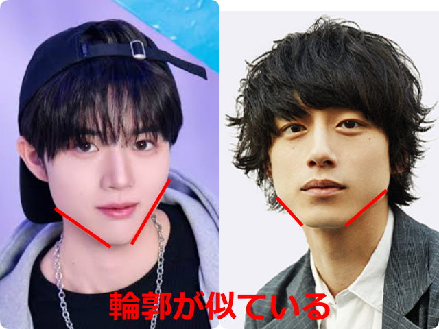 柳谷伊冴（ISSA）さんと坂口健太郎さんの顔写真を並べ、輪郭部分に赤い線を引いて共通点を示した比較画像