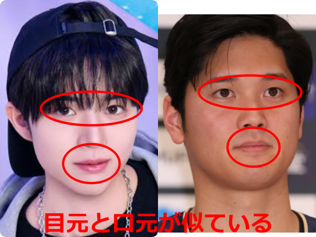 柳谷伊冴（ISSA）さんと大谷翔平さんの顔写真を並べ、目元と口元を赤い丸で囲んで共通点を示した比較画像