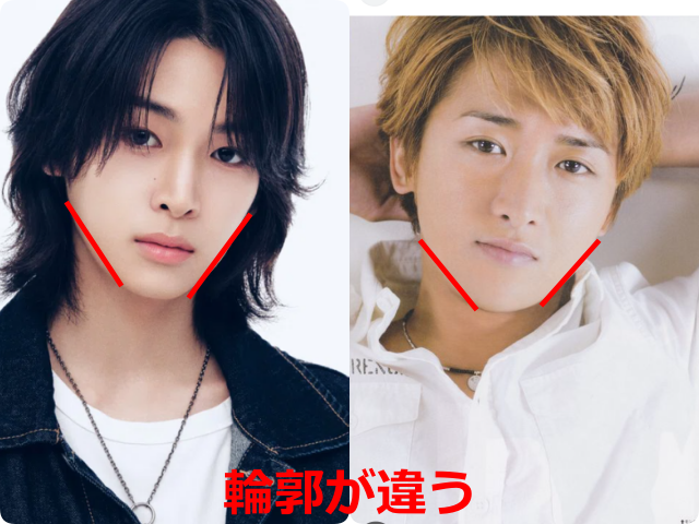 小野慶人（KEITO）と大野智の顔写真を並べ、輪郭の違いを赤い線で示した比較画像