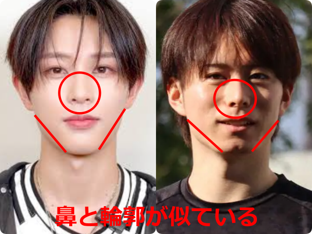 飯塚亮賀（RYOGA）さんと川口冬弥さんの顔写真を並べ、鼻と輪郭を赤い印で示して「鼻と輪郭が似ている」と比較した画像