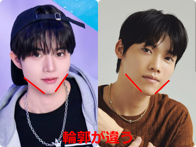 柳谷伊冴（ISSA）さんと木村柾哉さんの顔写真を並べ、輪郭部分に赤い線を引いて違いを示した比較画像
