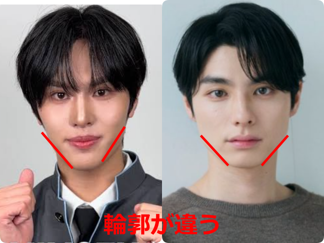 安部結蘭（YURA）と本田響矢の顔写真を並べ、輪郭の違いを赤い線で示した比較画像
