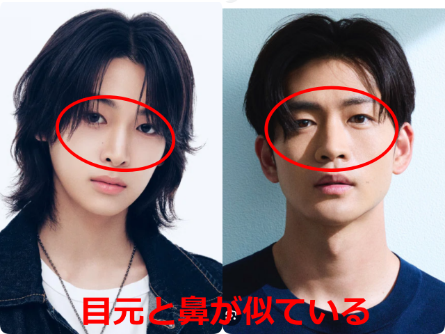 小野慶人（KEITO）と松下洸平の顔写真を並べ、目元と鼻が似ている部分を赤い丸で示した比較画像