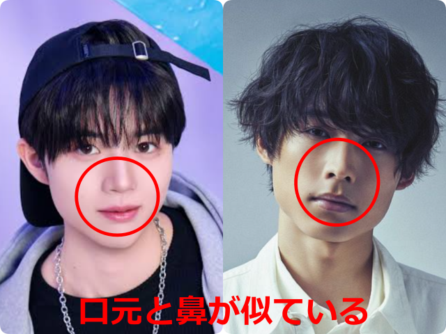 柳谷伊冴（ISSA）さんと松村北斗さんの顔写真を並べ、鼻と口元を赤い丸で囲んで共通点を示した比較画像