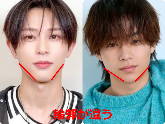 飯塚亮賀（RYOGA）さんと林京介さんの顔写真を並べ、フェイスラインを赤線で示して「輪郭が違う」と比較した画像