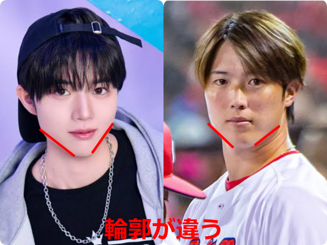 柳谷伊冴（ISSA）さんと森下暢仁さんの顔写真を並べ、輪郭部分に赤い線を引いて違いを示した比較画像
