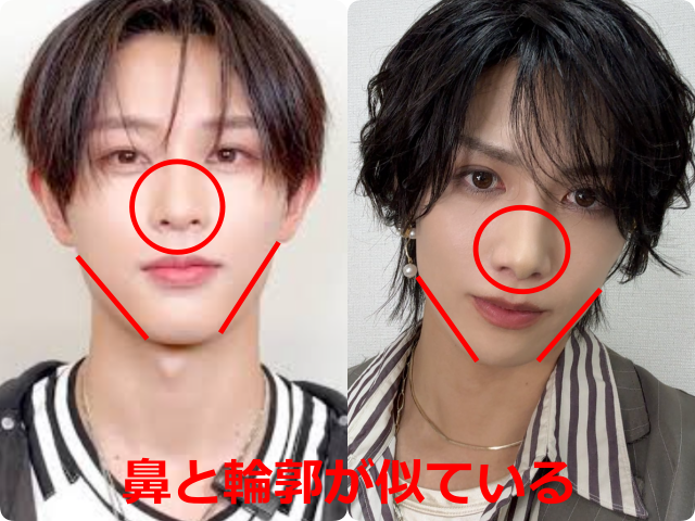 飯塚亮賀（RYOGA）さんと水江建太さんの顔写真を並べ、鼻と輪郭を赤い印で示して「鼻と輪郭が似ている」と比較した画像