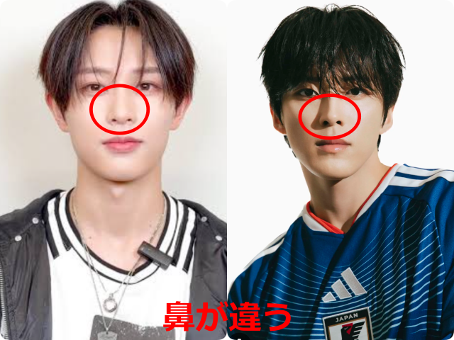 飯塚亮賀（RYOGA）さんと河野純喜さんの顔写真を並べ、鼻を赤い丸で囲んで「鼻が違う」と示した比較画像