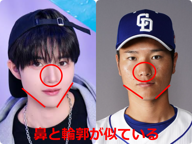 柳谷伊冴（ISSA）さんと清水達也さんの顔写真を並べ、鼻を赤い丸、輪郭を赤い線で示して共通点を強調した比較画像