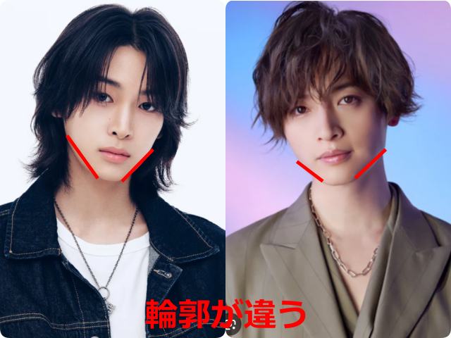小野慶人（KEITO）と玉森裕太の顔写真を並べ、輪郭の違いを赤い線で示した比較画像