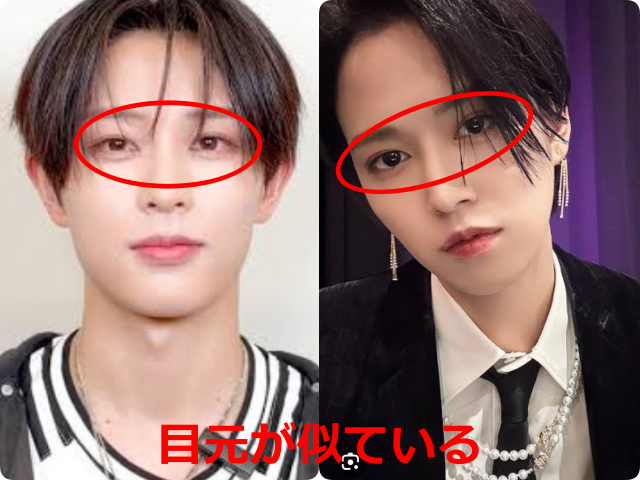 飯塚亮賀（RYOGA）さんとJO1の白岩瑠姫さんの顔写真を並べ、目元を赤い楕円で囲んで「目元が似ている」と示した比較画像