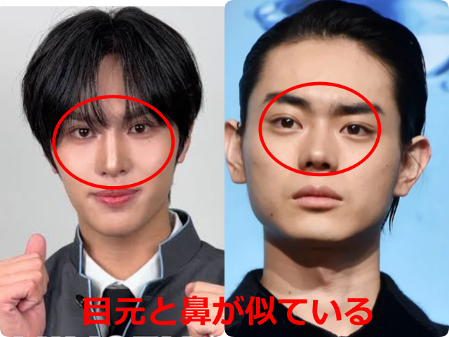 安部結蘭（YURA）と菅田将暉の顔写真を並べ、目元と鼻が似ている部分を赤い丸で示した比較画像