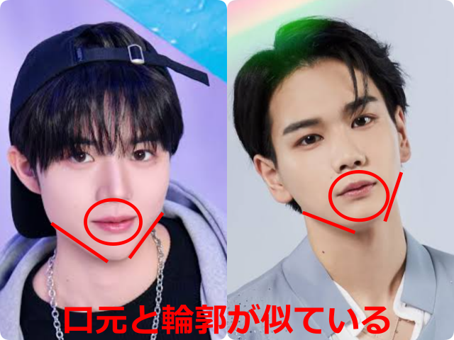 柳谷伊冴（ISSA）さんと豆原一成さんの顔写真を並べ、口元を赤い丸、輪郭を赤い線で示して共通点を強調した比較画像