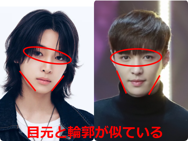 小野慶人（KEITO）とEXOのレイの顔写真を並べ、目元と輪郭が似ている部分を赤い線で示した比較画像