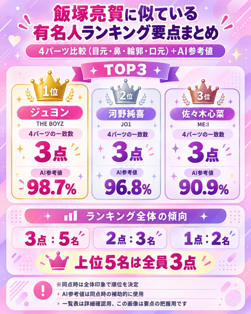 飯塚亮賀（RYOGA）さんに似ている有名人ランキングの要点まとめ。1位ジュヨン、2位河野純喜、3位佐々木心菜で、上位5名はいずれも4パーツ中3か所が一致した比較結果。